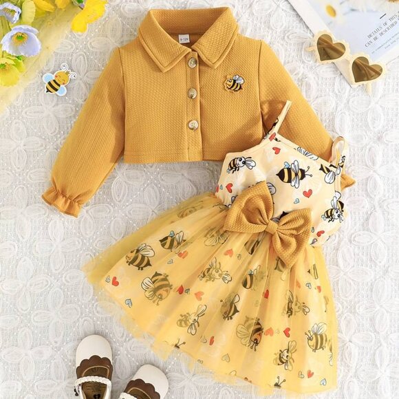 Toddler Girl Bees Outfit: Bee Sleeveless Dress & Long Sleeve Jacket - Picture 1 of 6